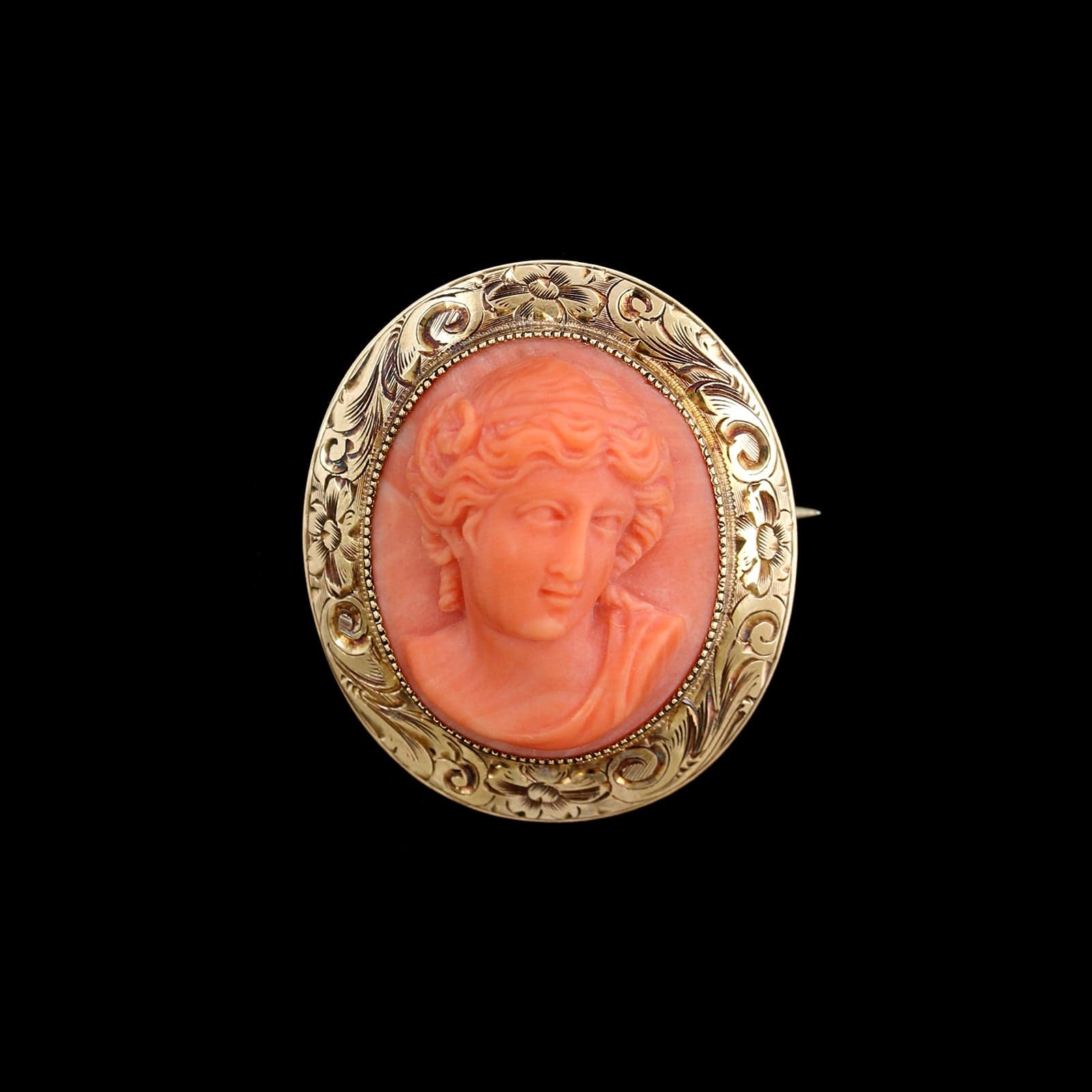 Vintage 14K Yellow Gold Estate Hand Engraved Coral Cameo Pin