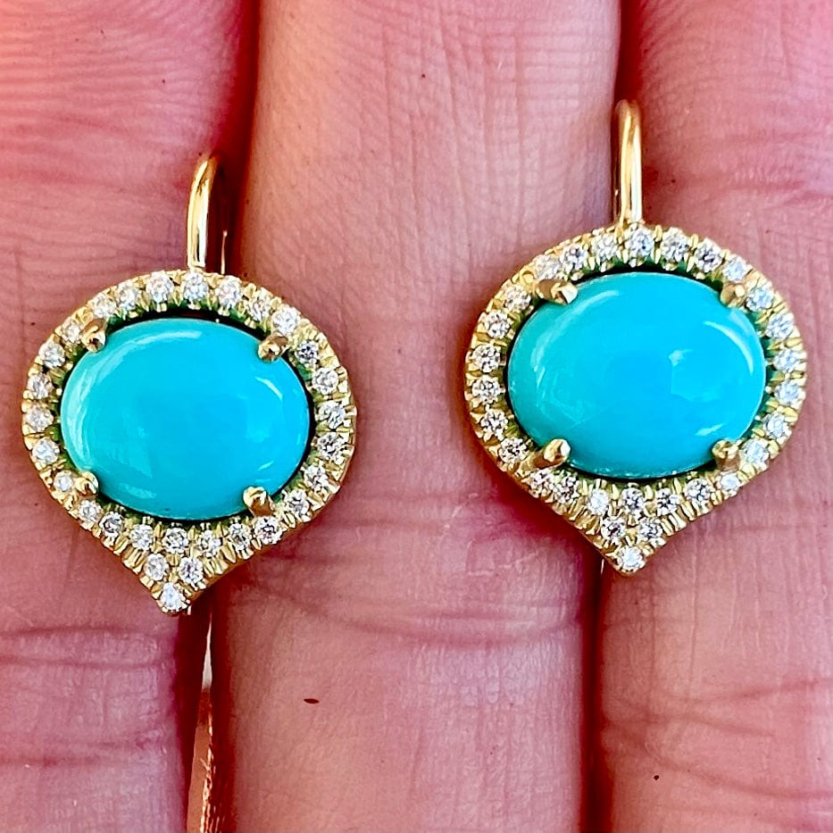 Arizona Turquoise With Natural Diamonds Paisley Design Studs/ Solid 14k Yellow outlet Gold SI G-H Color Diamonds Jewelry For Women's Day