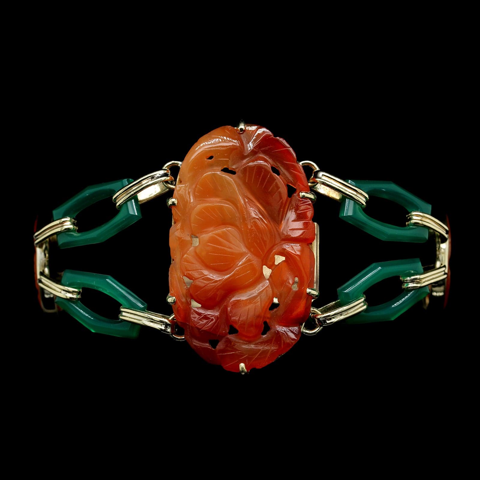 Vintage Bracelet Huge Glowing Orange Rhinestones And Leaves