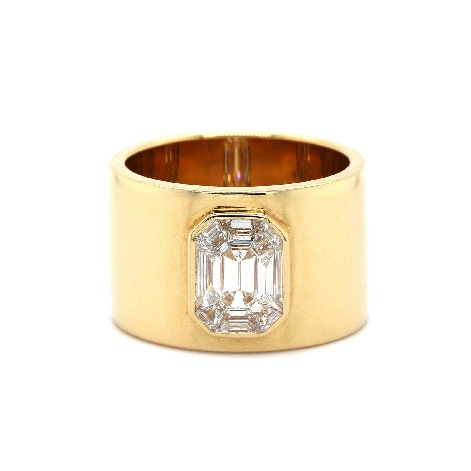 Radiant Shaped Yellow Diamond Bezel Set Mens Ring