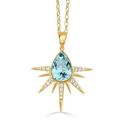 18K Yellow Gold Blue Topaz Diamond Pendant Necklace