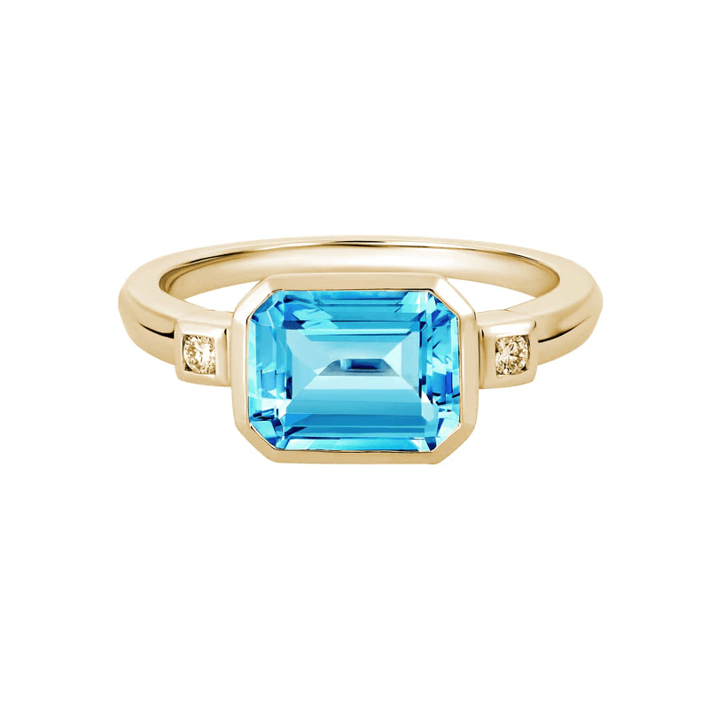 14K Yellow Gold Emerald Cut Blue Topaz and Diamond Ring