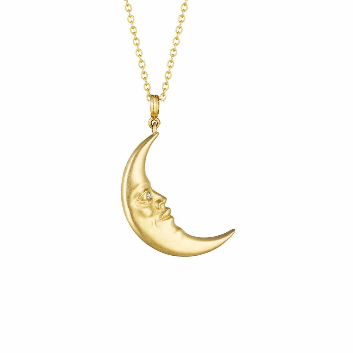 18K Yellow Gold Crescent Moonface Hanging Pendant