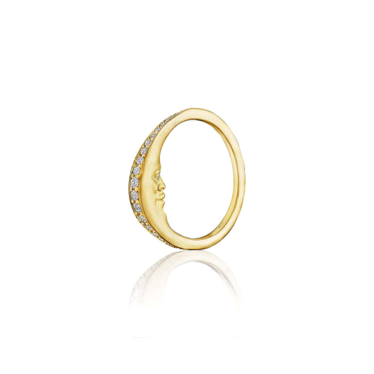 18K Yellow Gold Diamond Pavé Crescent Moonface Ring