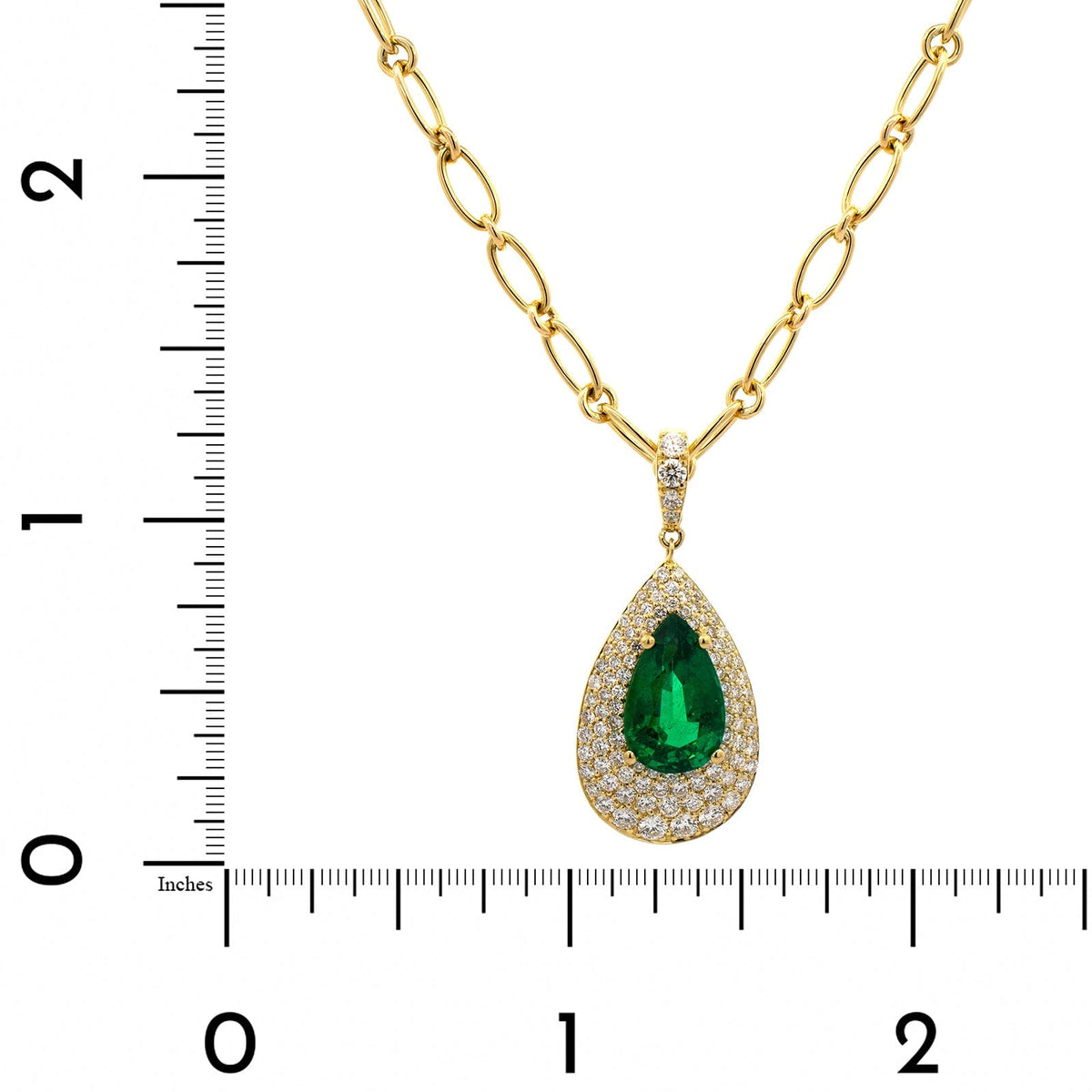 18K Yellow Gold Pear Shaped Emerald and Diamond Pendant Necklace