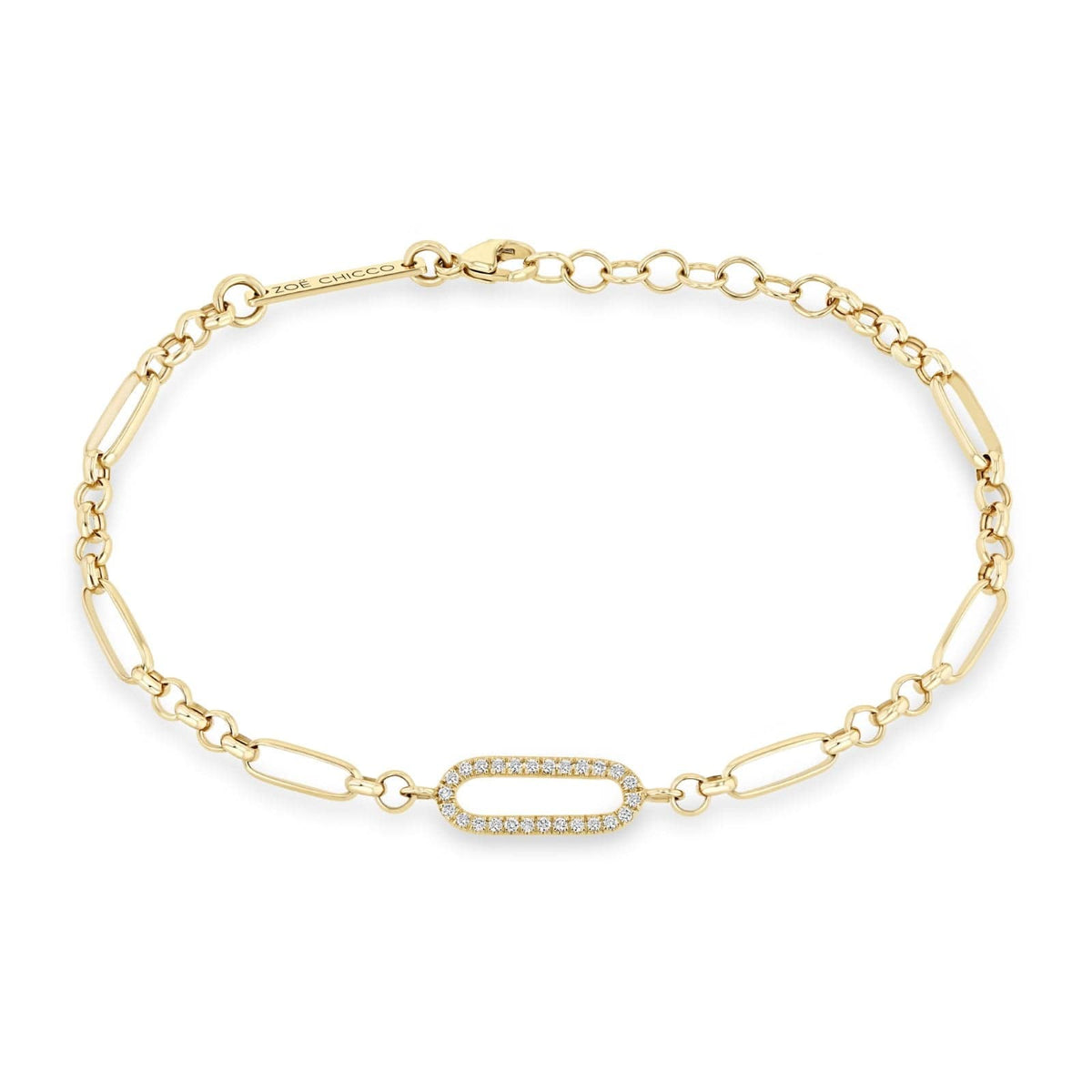 Zoe Chicco 14K Yellow Gold Paperclip and Rolo Chain Bracelet with Pave Diamond Link