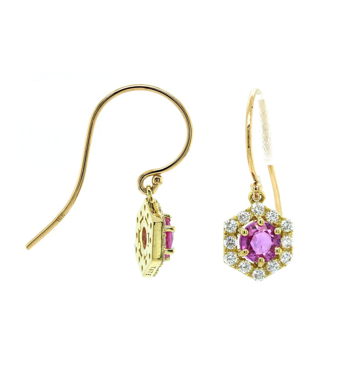 18K Yellow Gold Pink Sapphire Diamond Halo Drop Earrings