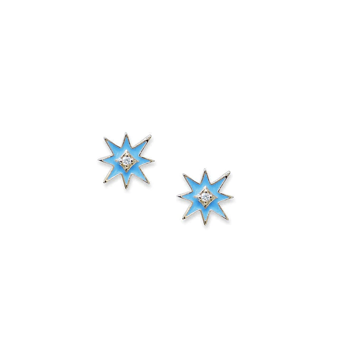 Anzie 14K Yellow Gold Diamond Starburst Blue Enamel Stud Earrings