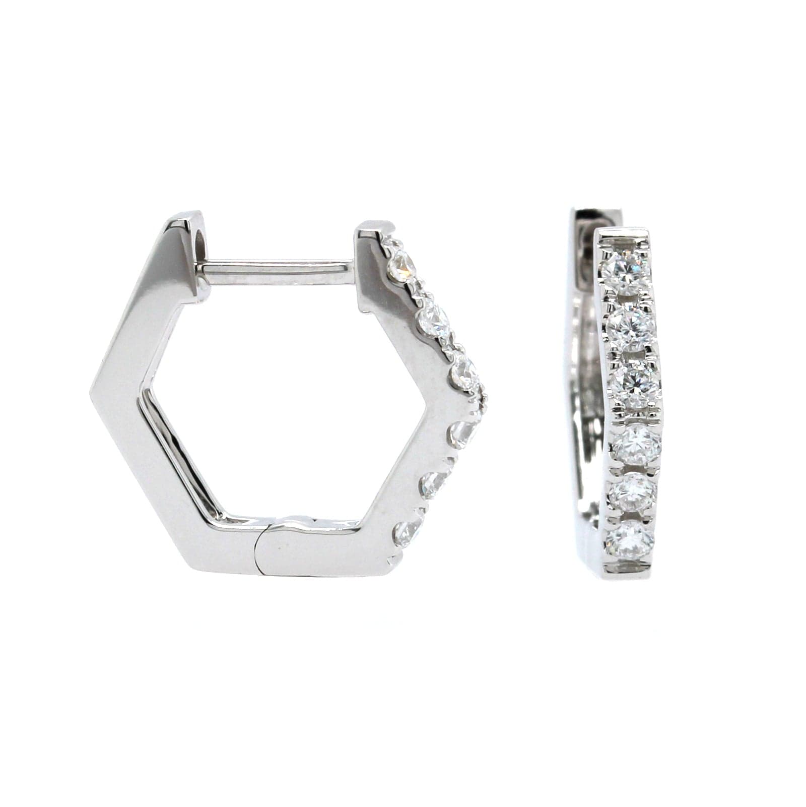 14K White Gold Pave Diamond Hexagon Huggie Earrings