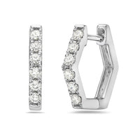 14K White Gold Pave Diamond Hexagon Huggie Earrings