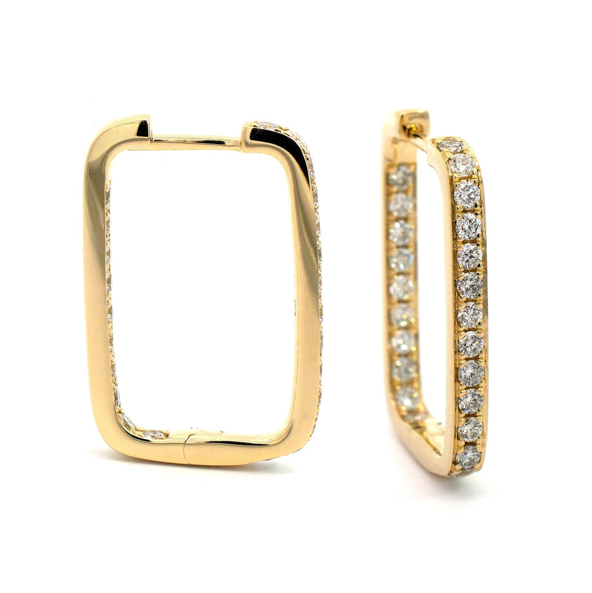 14K Yellow Gold Rectangular Diamond Hoop Earrings