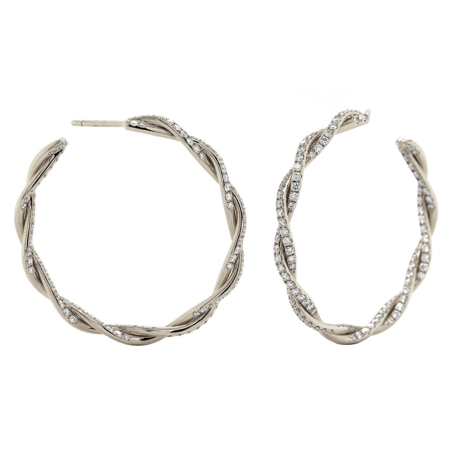 18K White Gold Pave Diamond Twisted Hoop Earrings