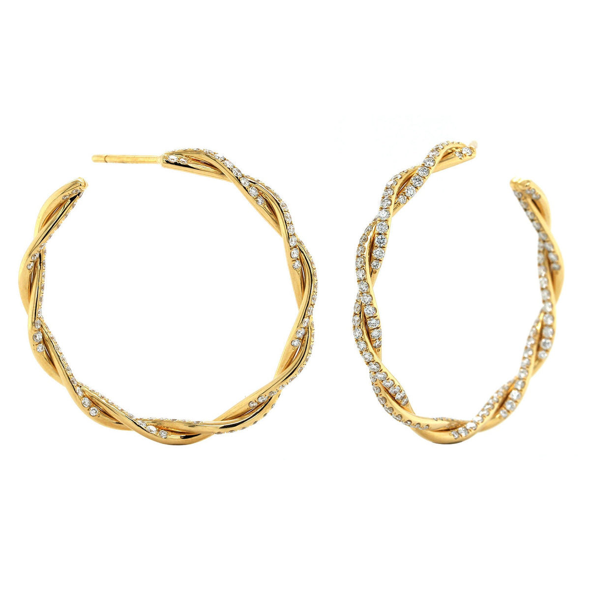 18K Yellow Gold Pave Diamond Twisted Hoop Earrings