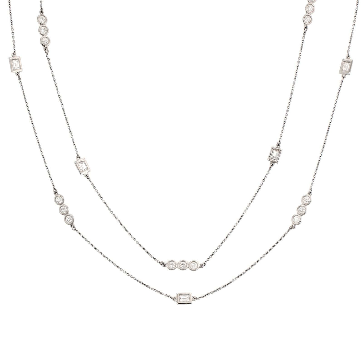 14K White Gold Baguette & Round Diamond By The Yard Necklace