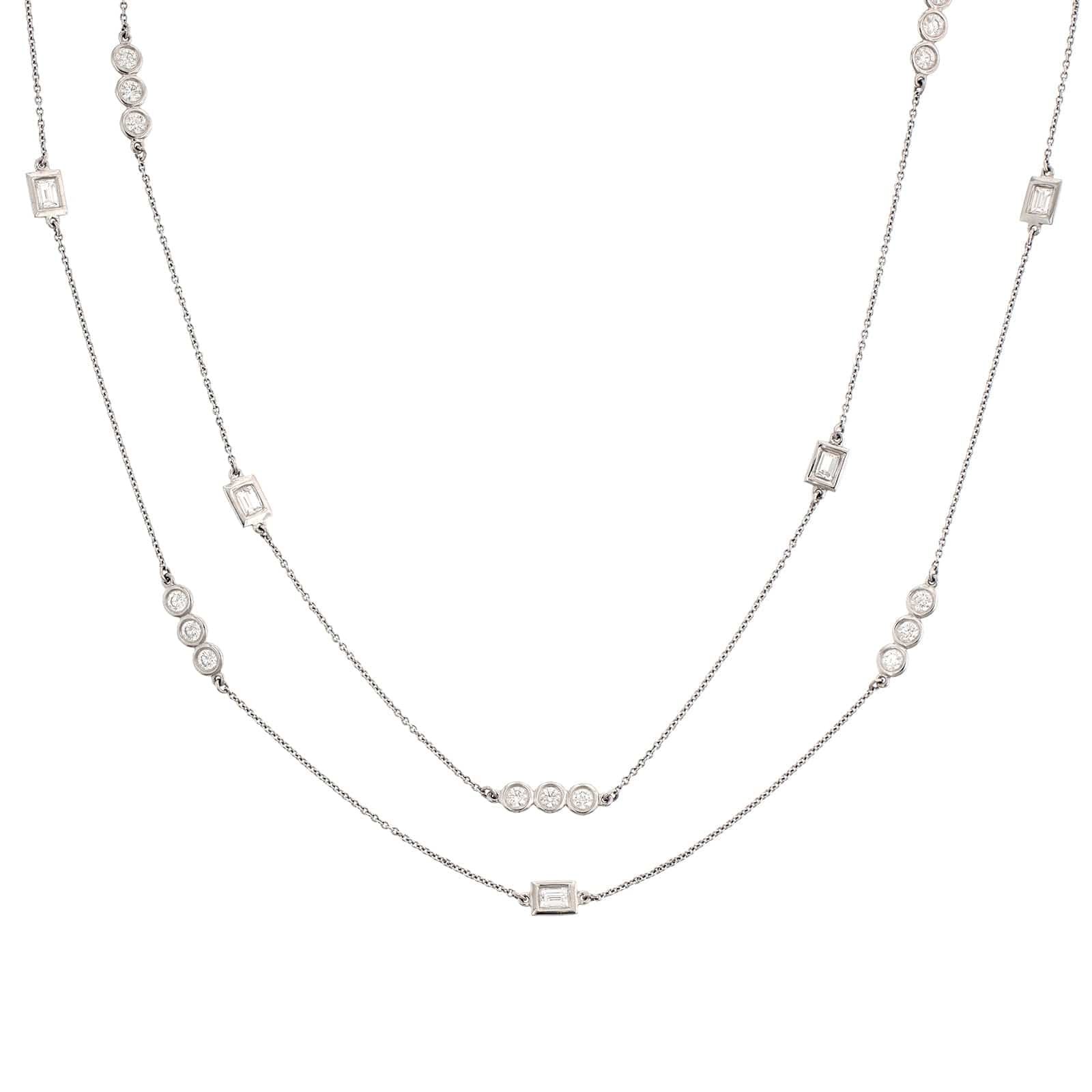 14K White Gold Baguette & Round Diamond By The Yard Necklace