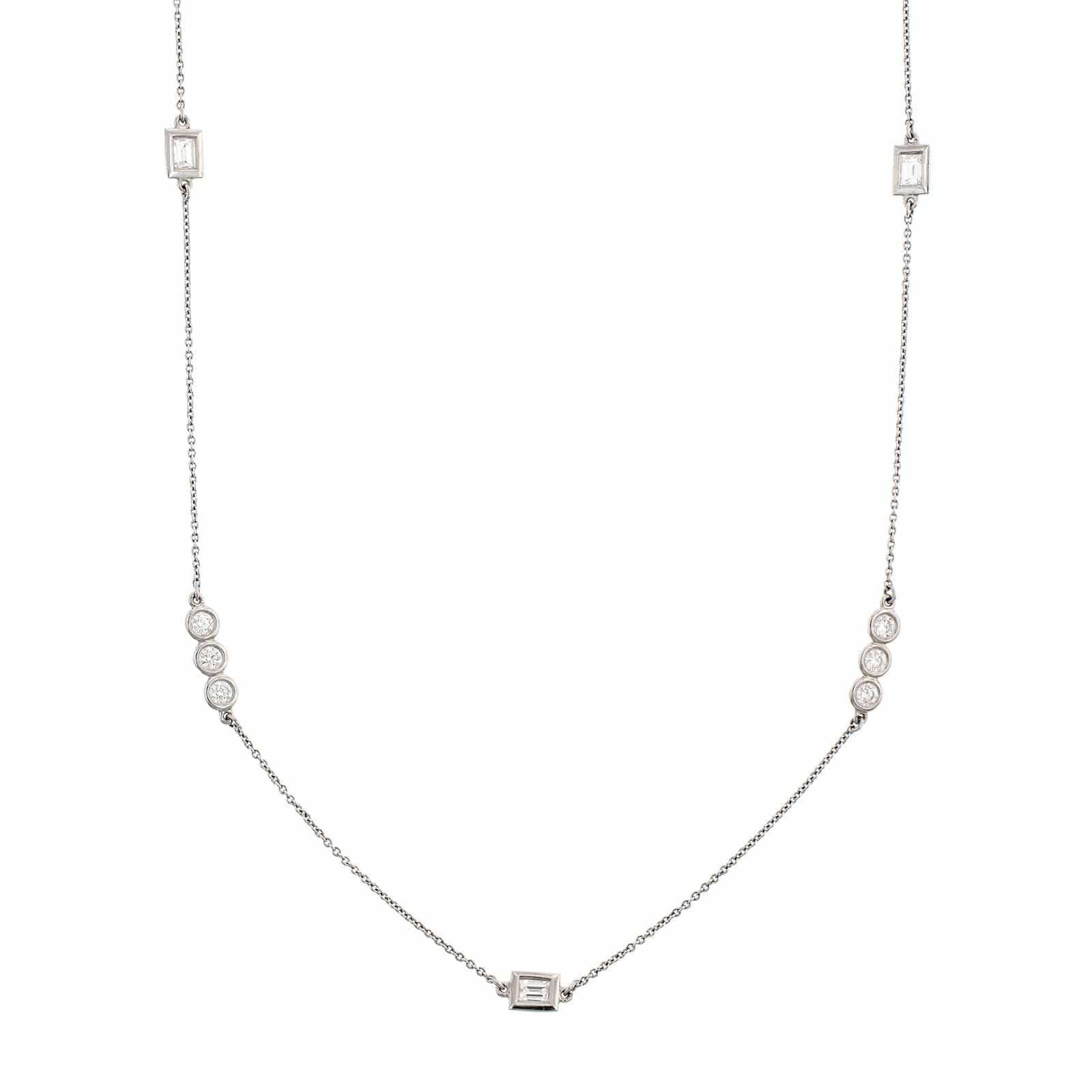 14K White Gold Baguette & Round Diamond By The Yard Necklace