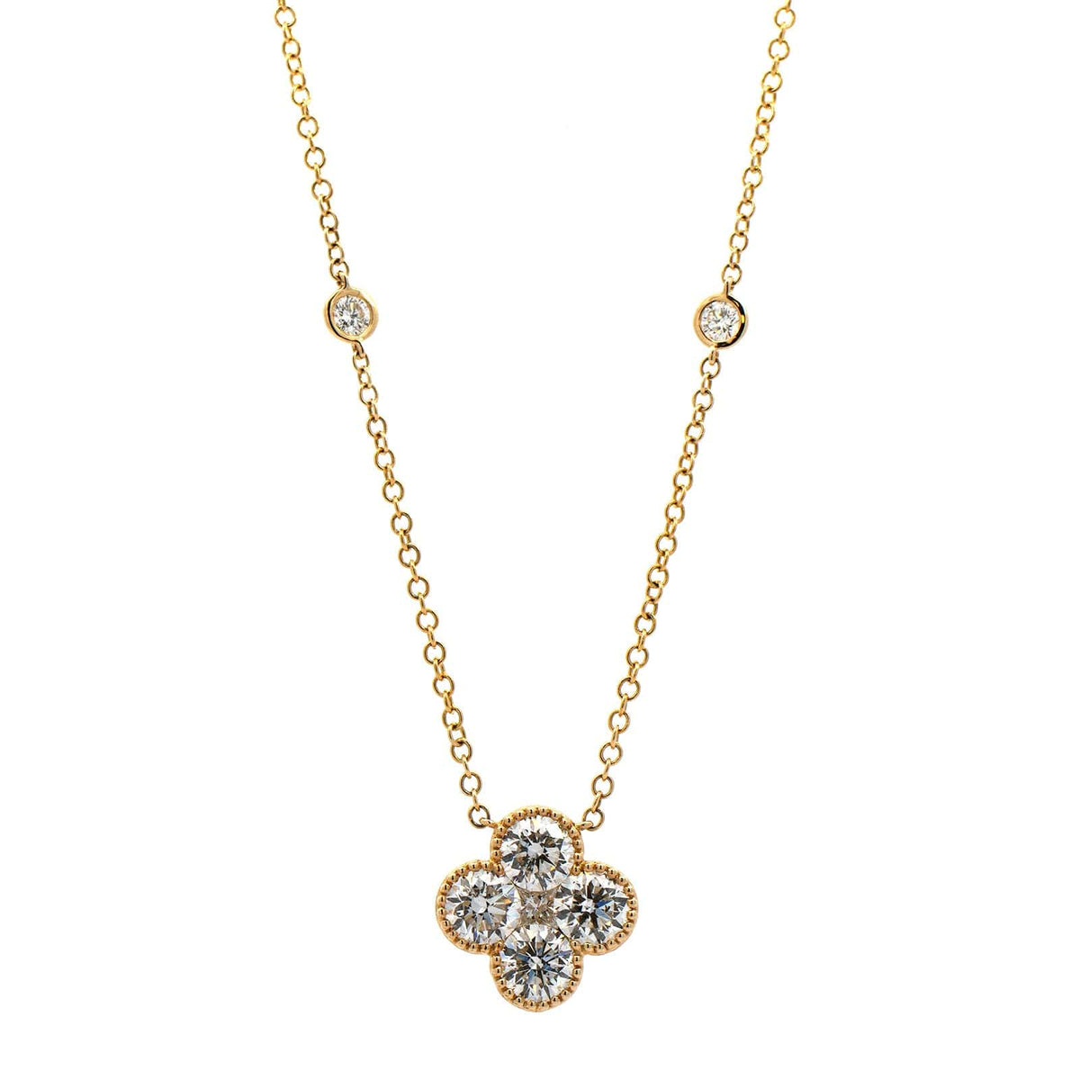 14K Yellow Gold Diamond Clover Station Necklace