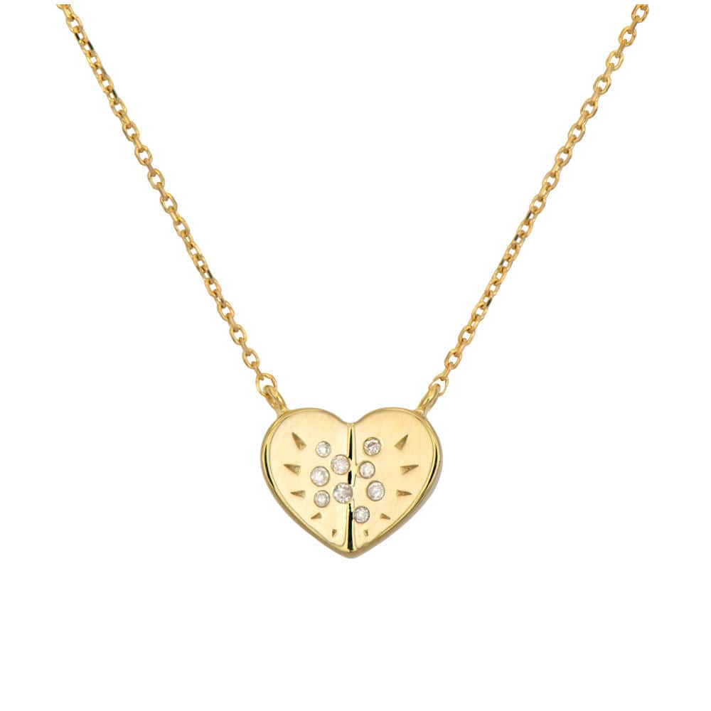 14K Yellow Gold Small Love Explosion Diamond Heart Necklace