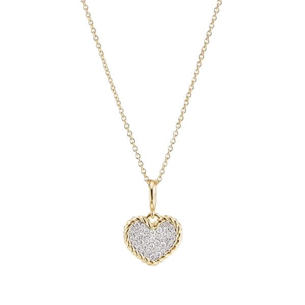 Cable Collectibles® Pavé Plate Heart Charm Necklace in 18K Yellow Gold