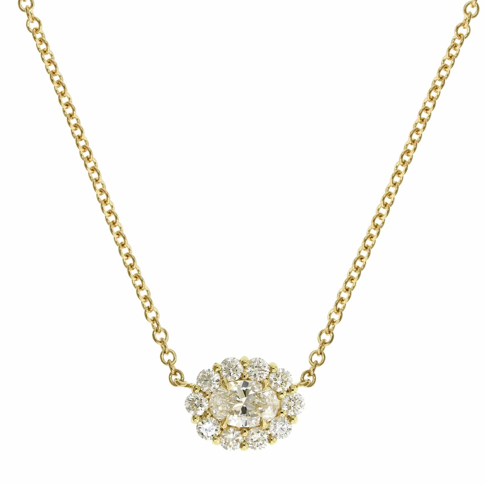 18K Yellow Gold Oval Diamond and Diamond Halo Pendant