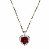 Platinum Heart Shaped Ruby Diamond Halo Necklace