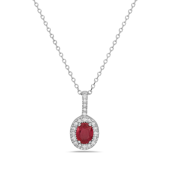 14K White Gold Ruby and Diamond Halo Necklace