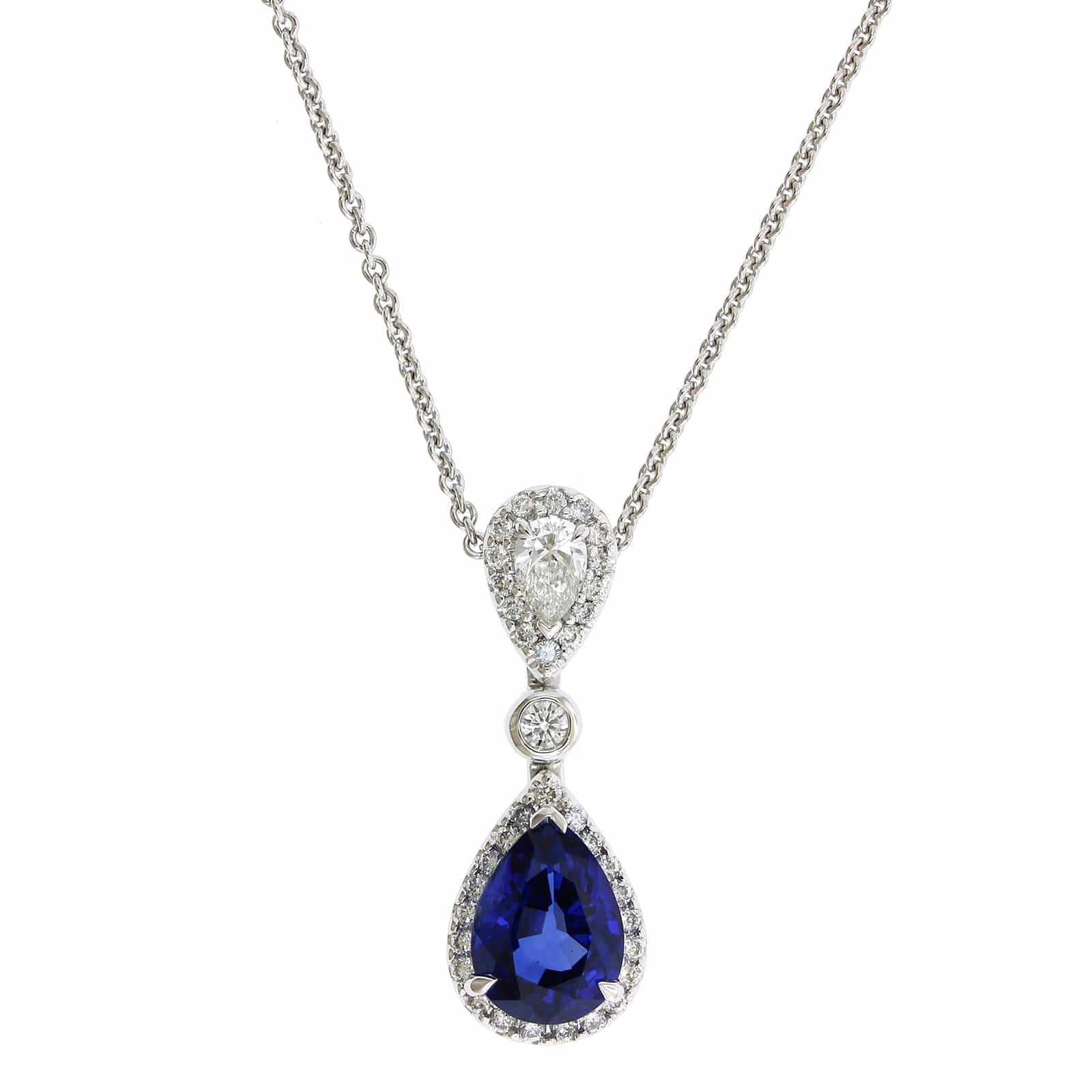 18K White Gold Pear Shape Sapphire Diamond Halo Pendant