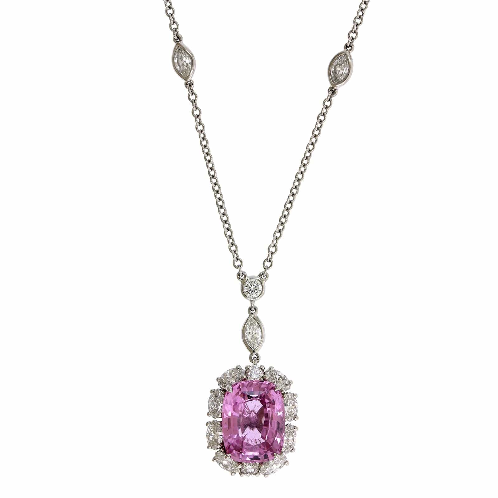 Platinum Pink Sapphire Diamond Halo Pendant