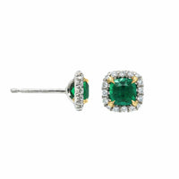 Platinum Cushion Emerald Diamond Halo Stud Earrings