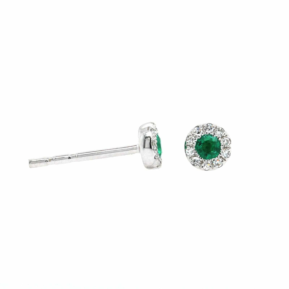 14K White Gold Diamond and Round Emerald Halo Stud Earrings