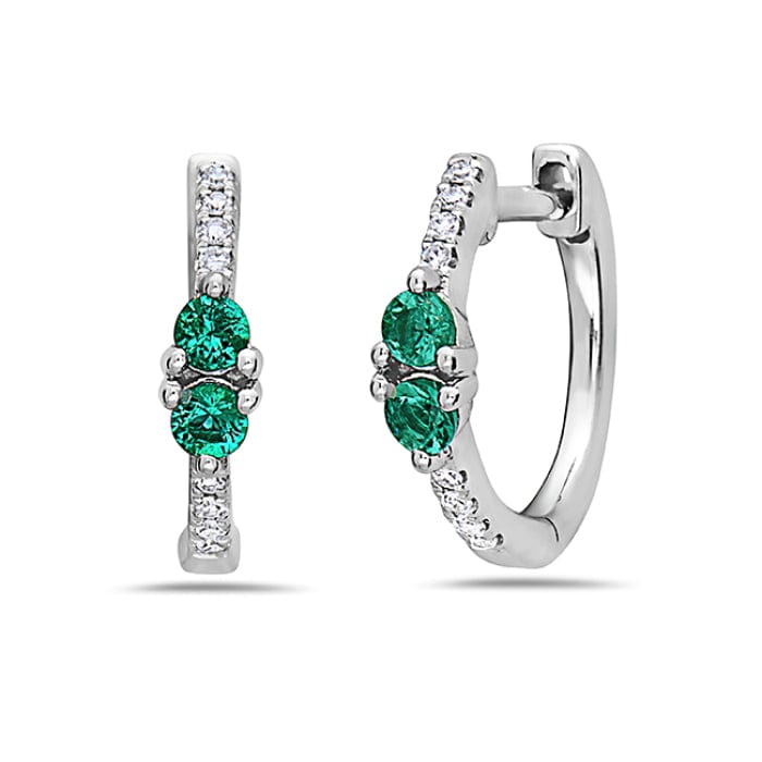 14K White Gold Diamond & Emerald Huggie Earrings