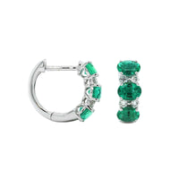 14K White Gold Alternating Diamond & Emerald Huggie Earrings