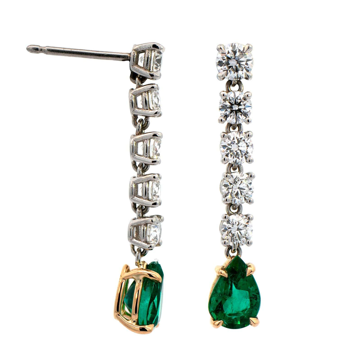 18K Yellow Gold and Platinum Emerald and Diamond Drop Earrings