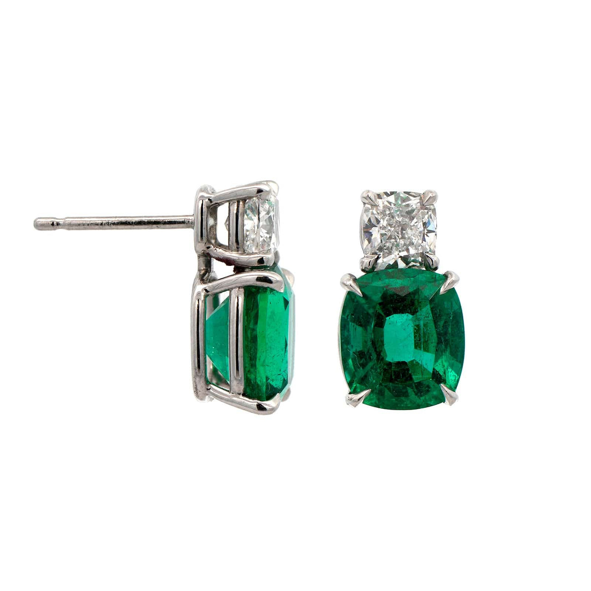 Platinum 2 Stone Cushion Cut Diamond & Emerald Studs