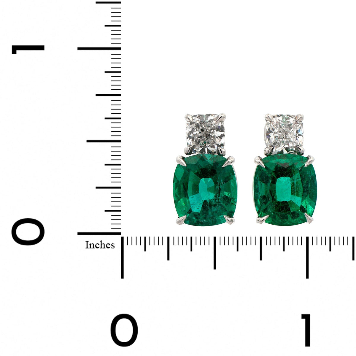 Platinum 2 Stone Cushion Cut Diamond & Emerald Studs