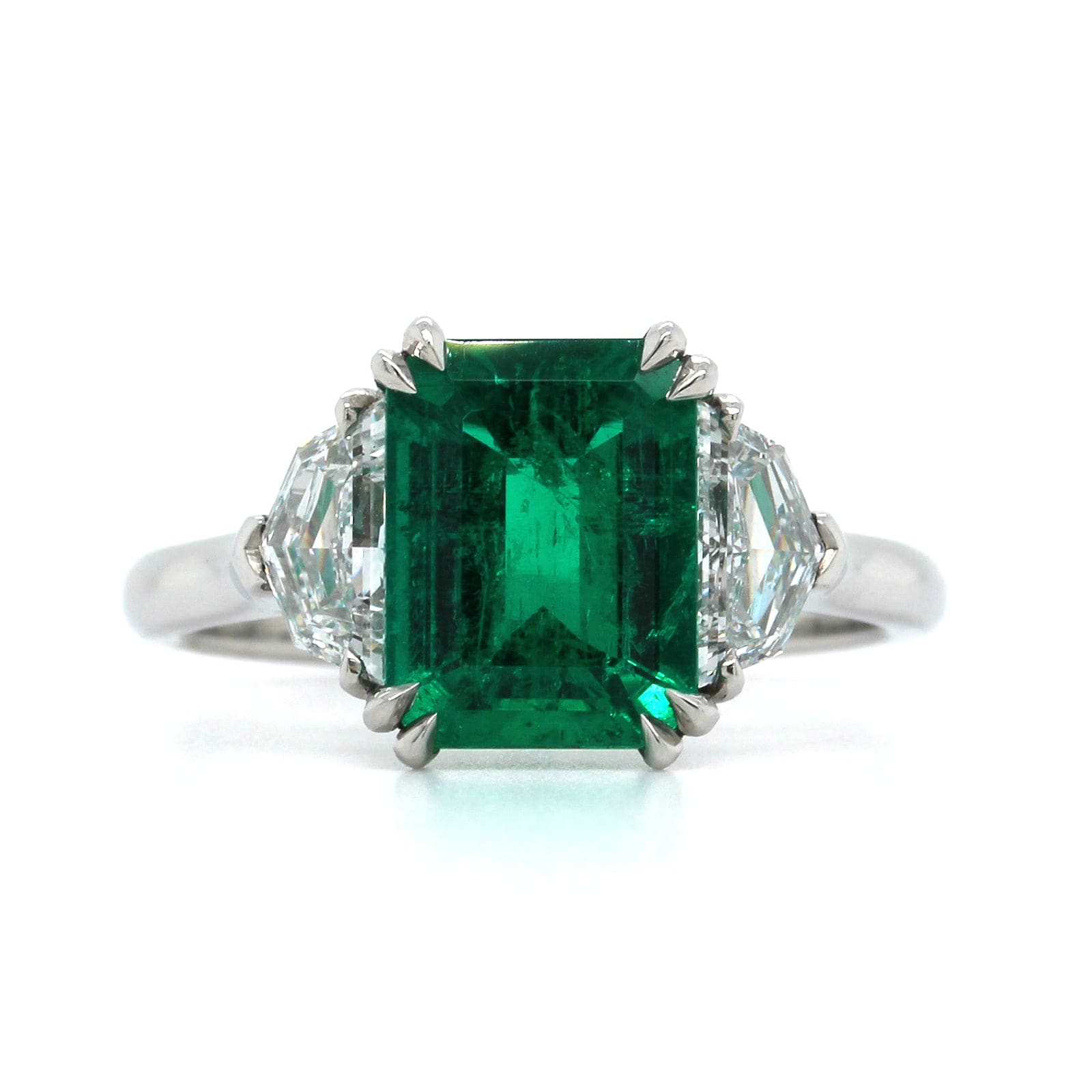 Platinum Emerald and Diamond 3 Stone Ring