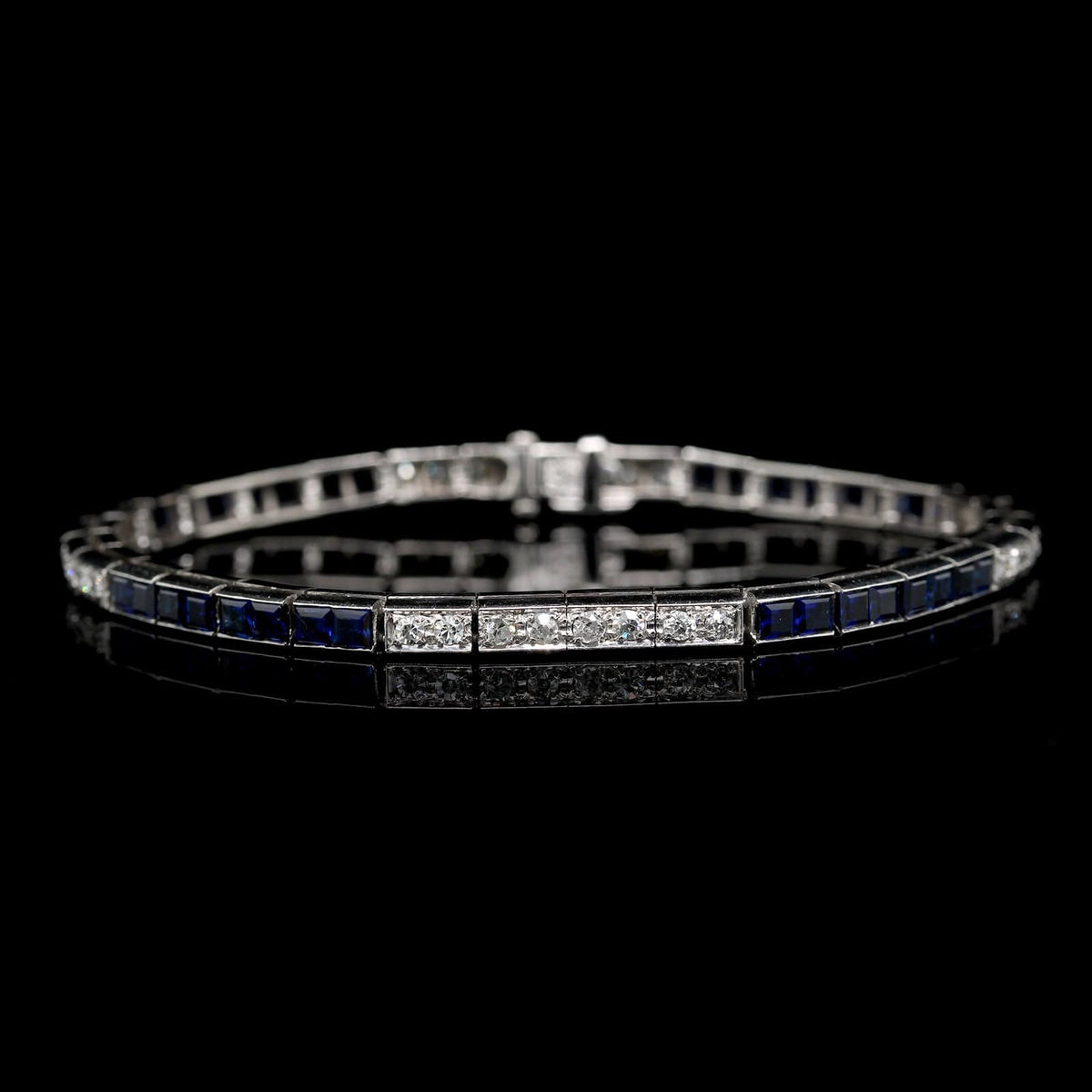 Vintage Waslikoff & Sons Platinum Estate Synthetic Sapphire and Diamond Line Bracelet