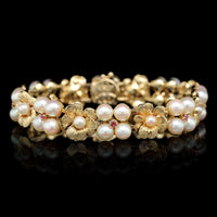 14K Yellow Gold Estate Cultured Pearl and Ruby Bracelet