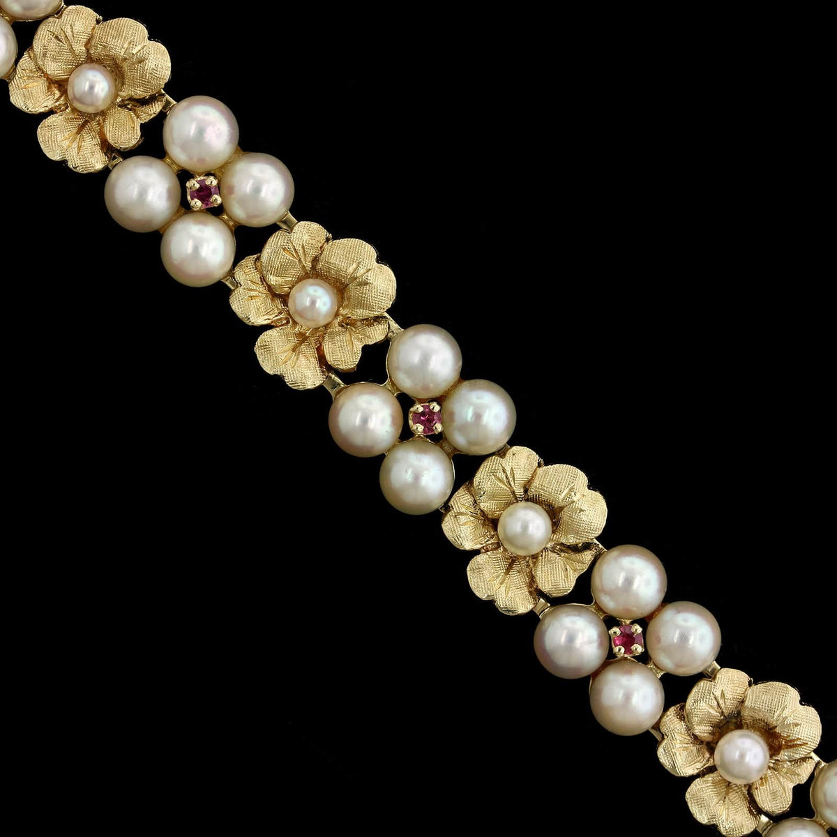 14K Yellow Gold Estate Cultured Pearl and Ruby Bracelet