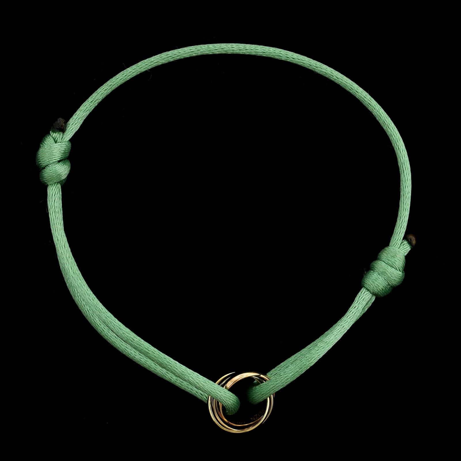 Cartier 18K Tricolor Gold Estate Trinity Bracelet on Green Silk Cord