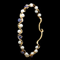 Tom Kruskal 14K Yellow Gold Estate Freshwater Cultured Pearl and Iolite Ruffle Bracelet