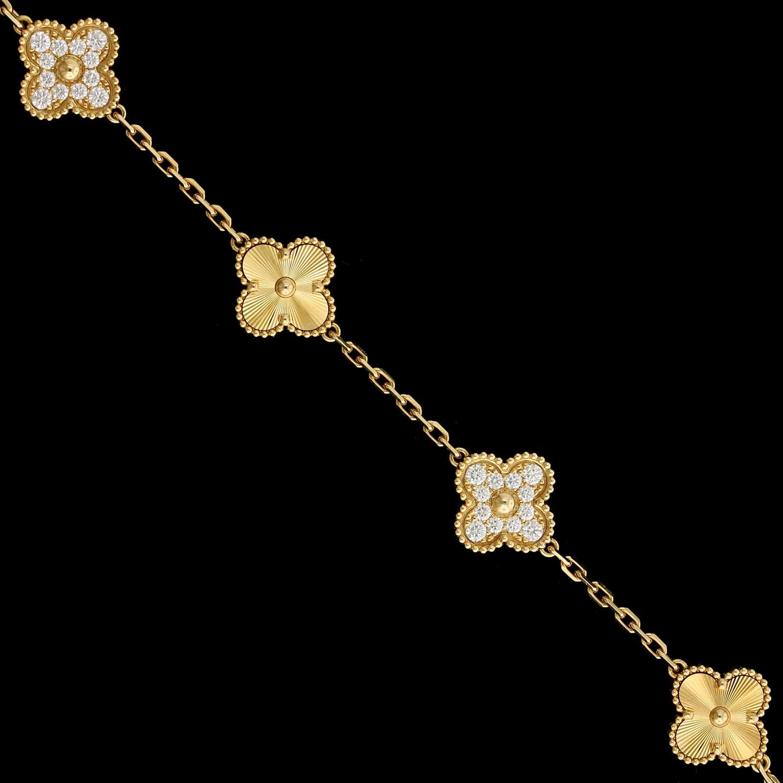 Van Cleef & Arpels 18K Yellow Gold Estate 'Vintage Alhambra' Diamond Five Motif Bracelet