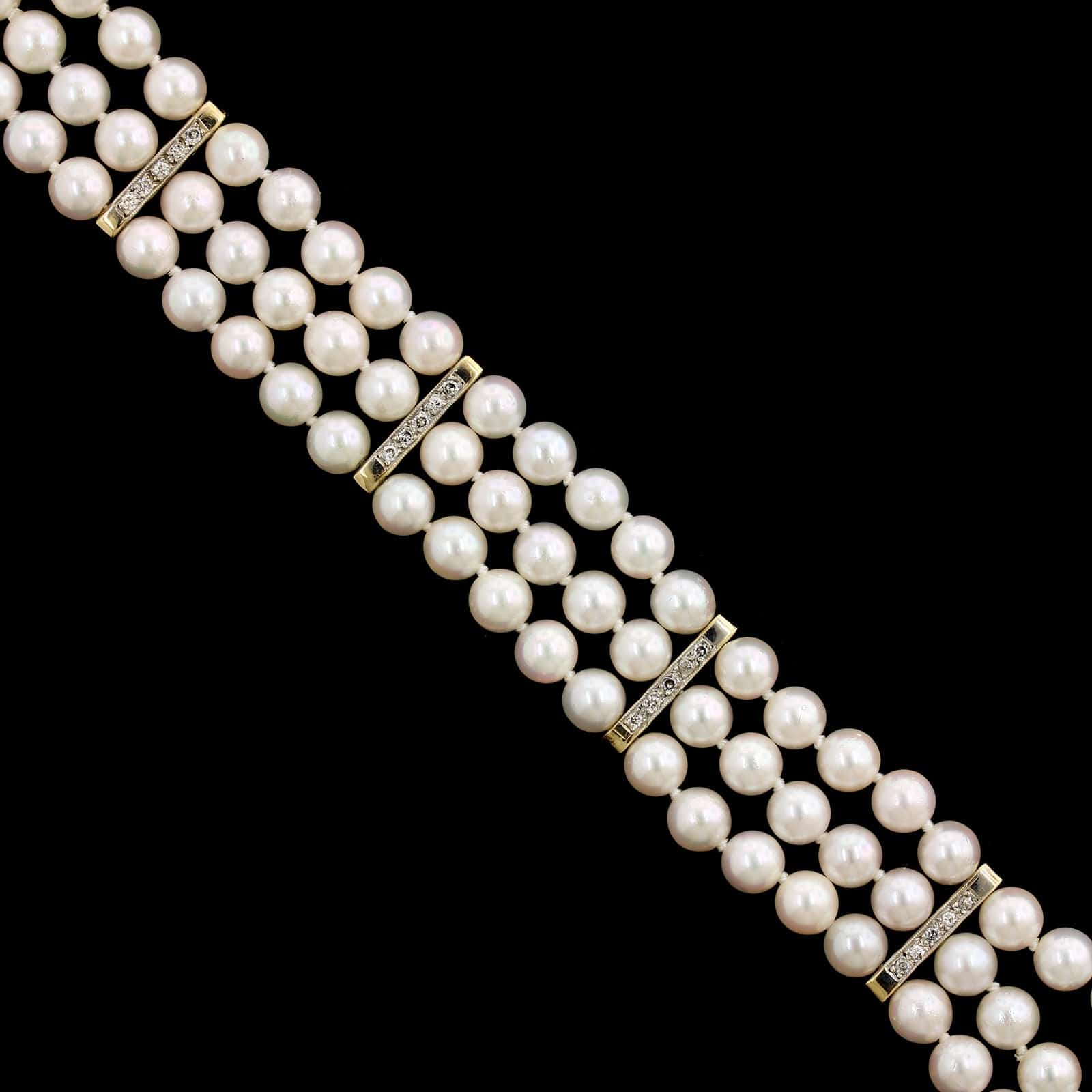 14K Yellow Gold Estate Cultured Pearl and Diamond Bracelet