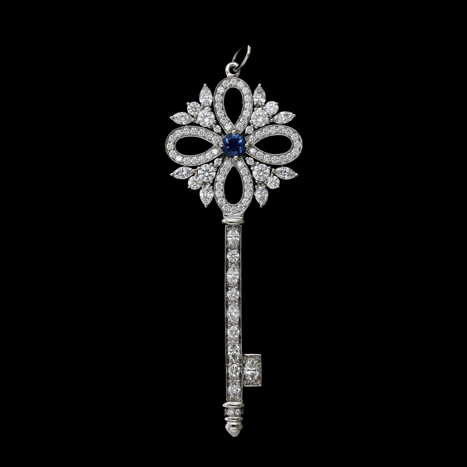 Tiffany & Co. Platinum Estate Sapphire and Diamond Key Pendant