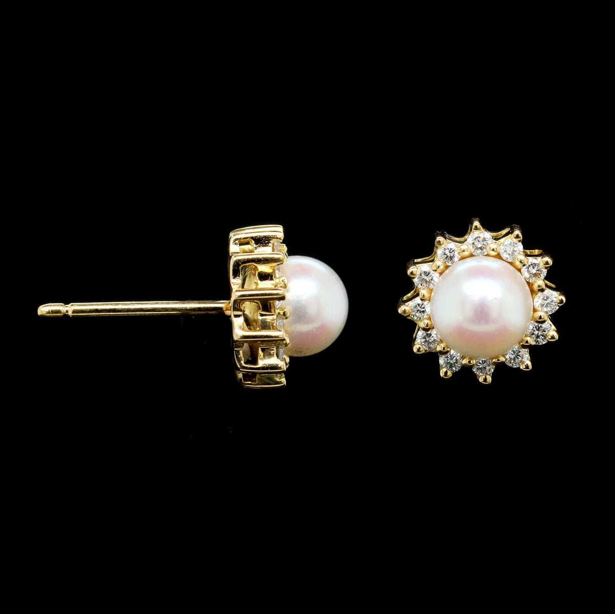 14K Yellow Gold Estate Cultured Pearl and Diamond Earrings