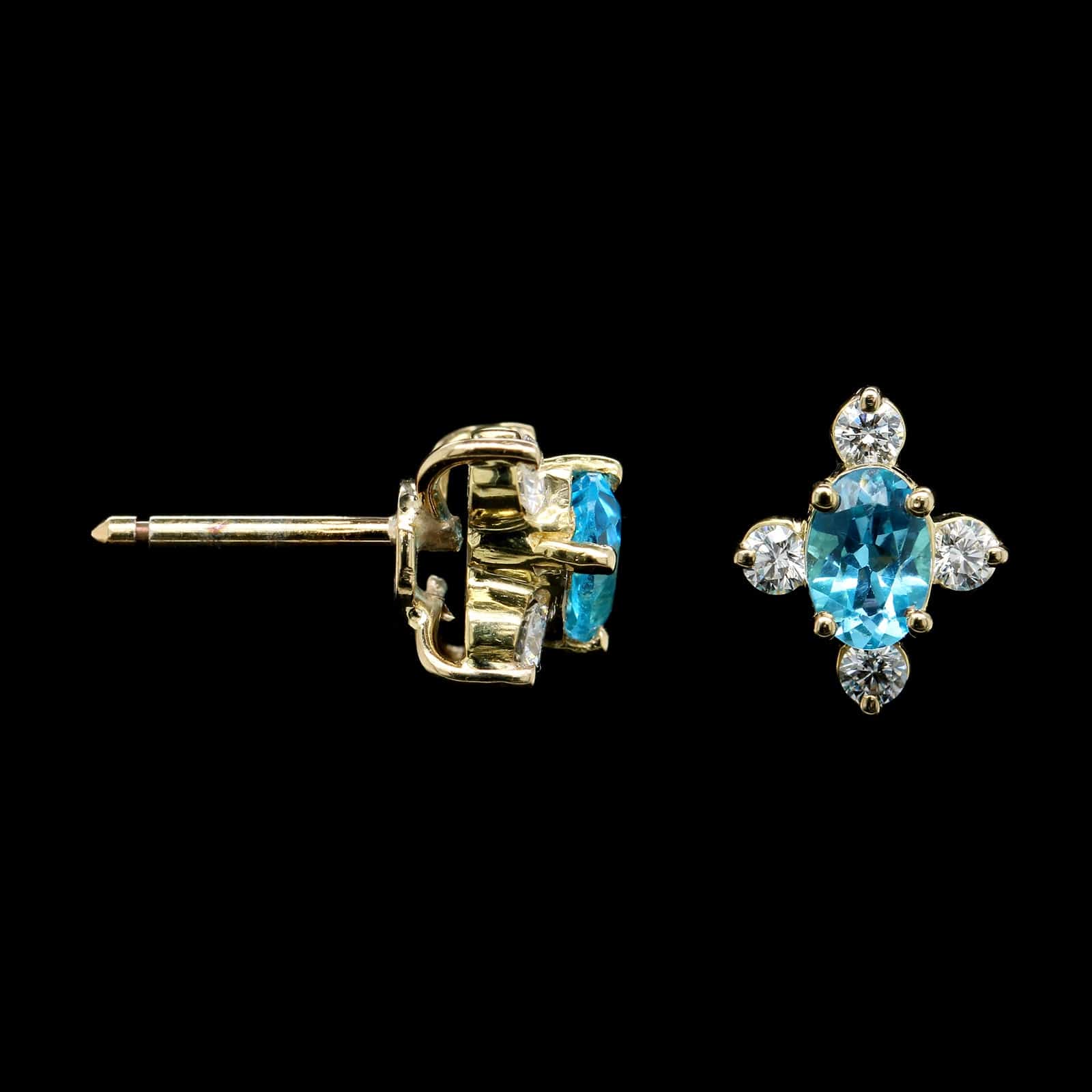 18K Yellow Gold Estate Blue Topaz and Diamond Earrings