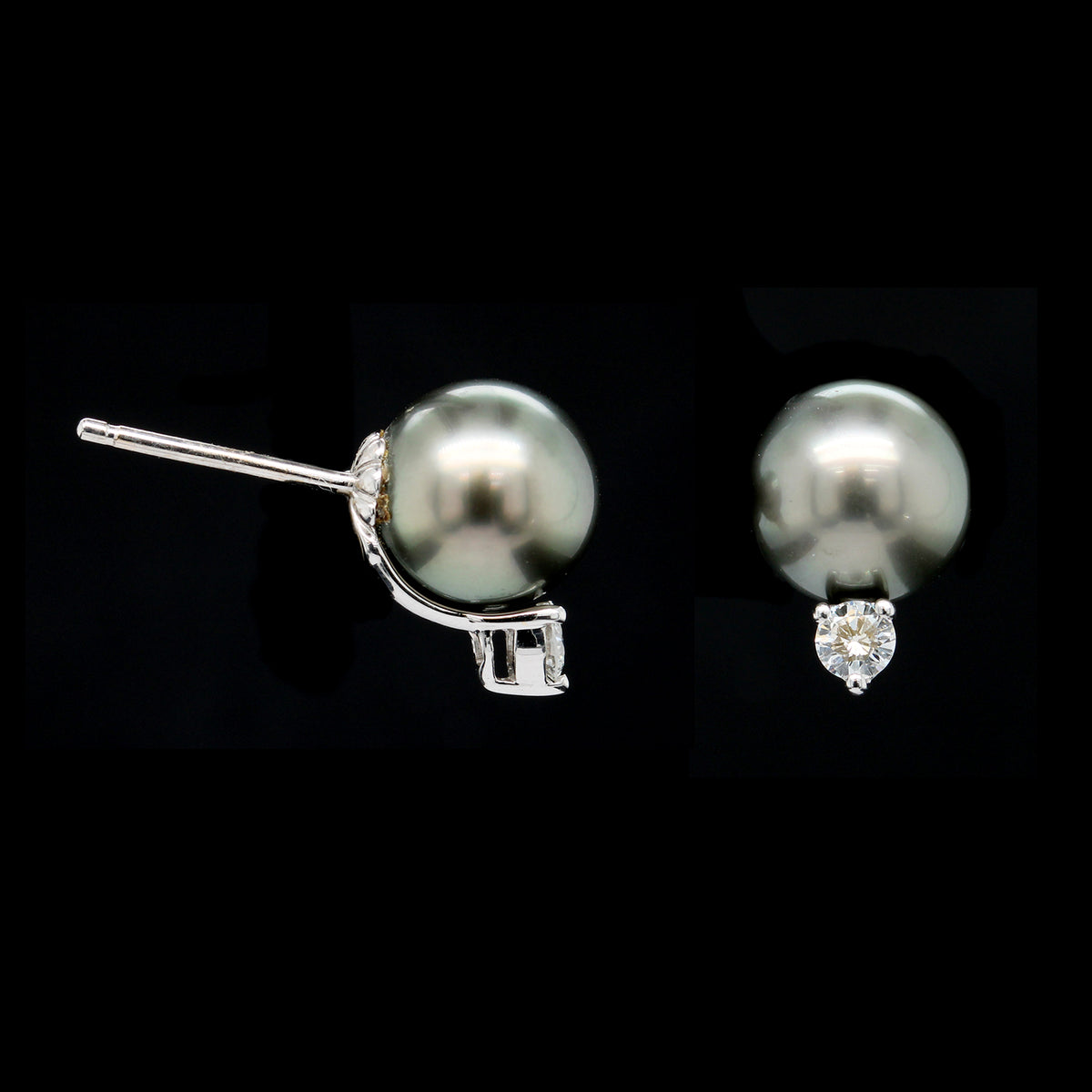 18K White Gold Estate Pearl and Diamond Stud Earrings