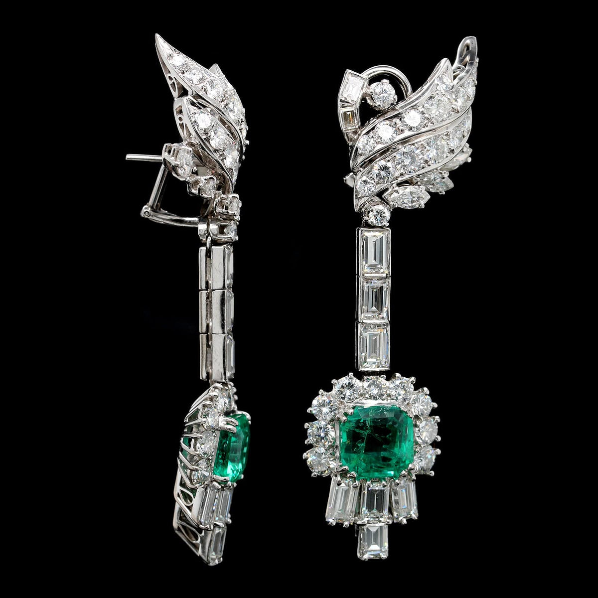 14K White Gold Estate Emerald and Diamond Earrings