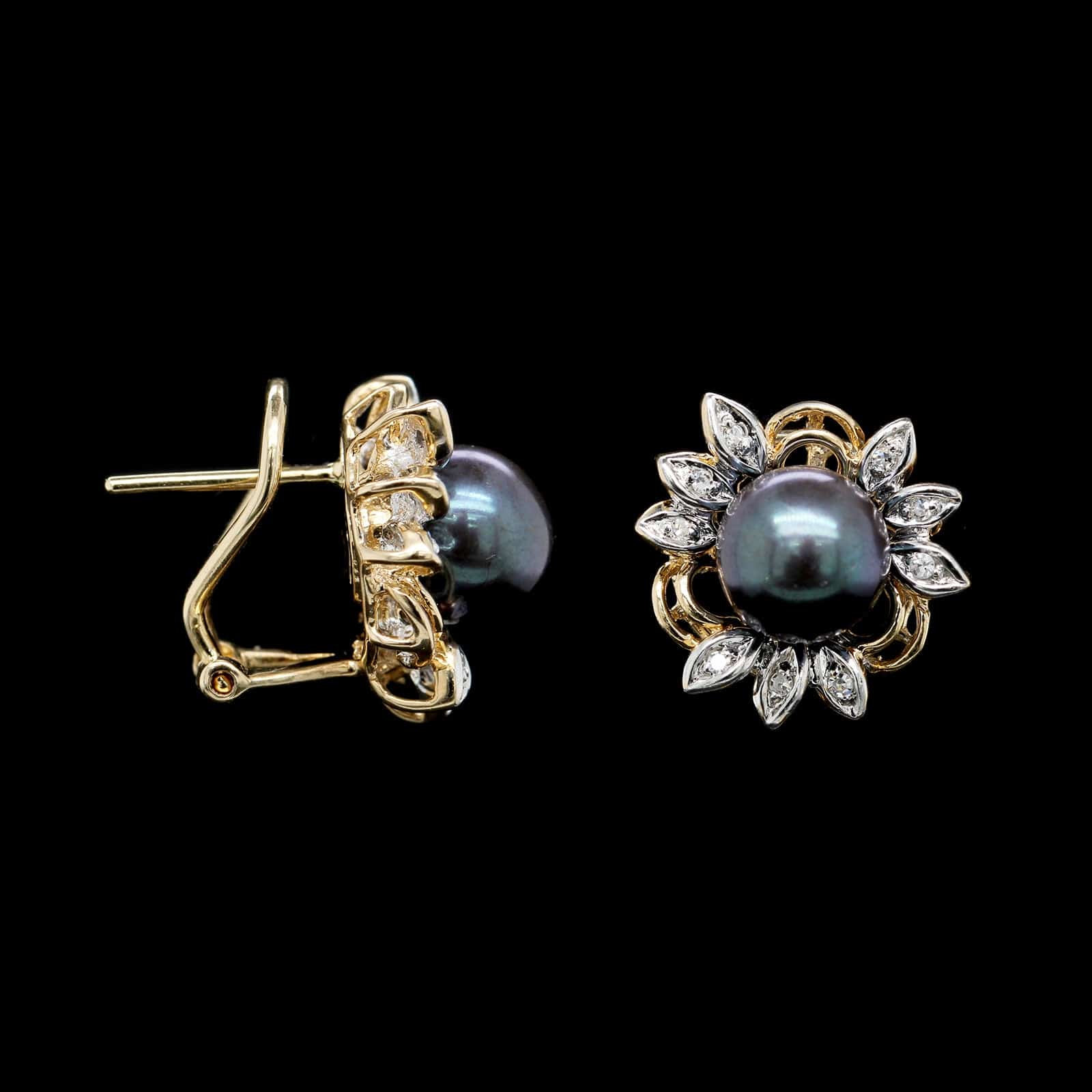 14K Yellow Gold Estate Cultured Dyed Pearl and Diamond Earrings