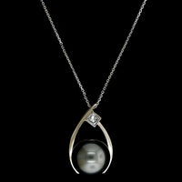 18K White Gold Estate Black Cultured South Sea Tahitian Pearl and Diamond Pendant